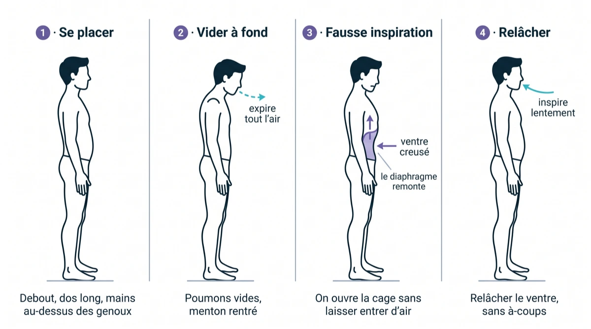 Les quatre temps du stomach vacuum : se placer (debout, dos long, mains au-dessus des genoux), vider à fond (poumons vides, menton rentré), fausse inspiration (on ouvre la cage sans laisser entrer d'air, le ventre se creuse et le diaphragme remonte), relâcher (relâcher le ventre puis inspirer lentement, sans à-coups).